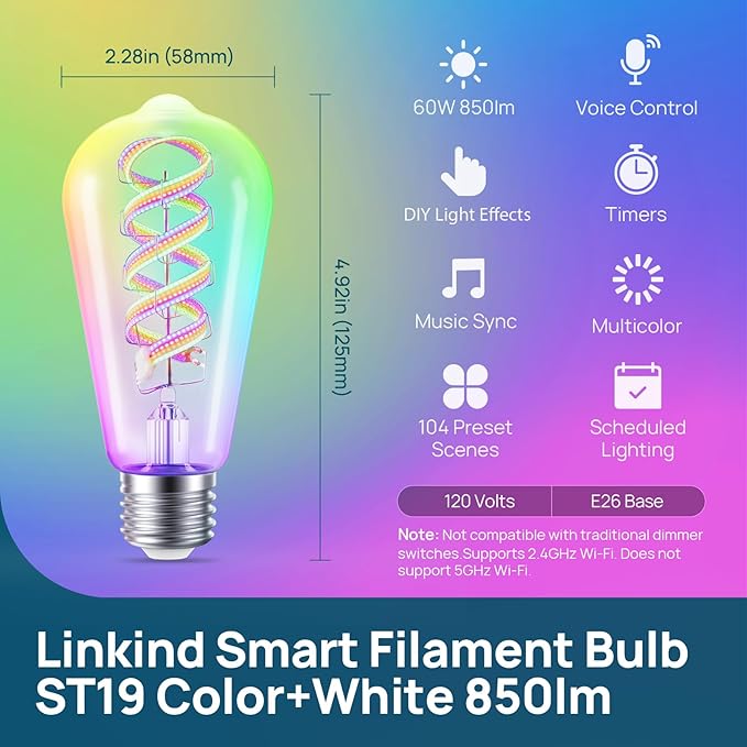 Linkind Matter Smart Bulbs, ST19/ST58 E26 Led Bulb Compatible with Alexa, Smart Light Bulbs, WiFi Bulbs, RGBTW Color Changing Light Bulb, 2.4Ghz WiFi Bulb, 850 LM 1 Pack