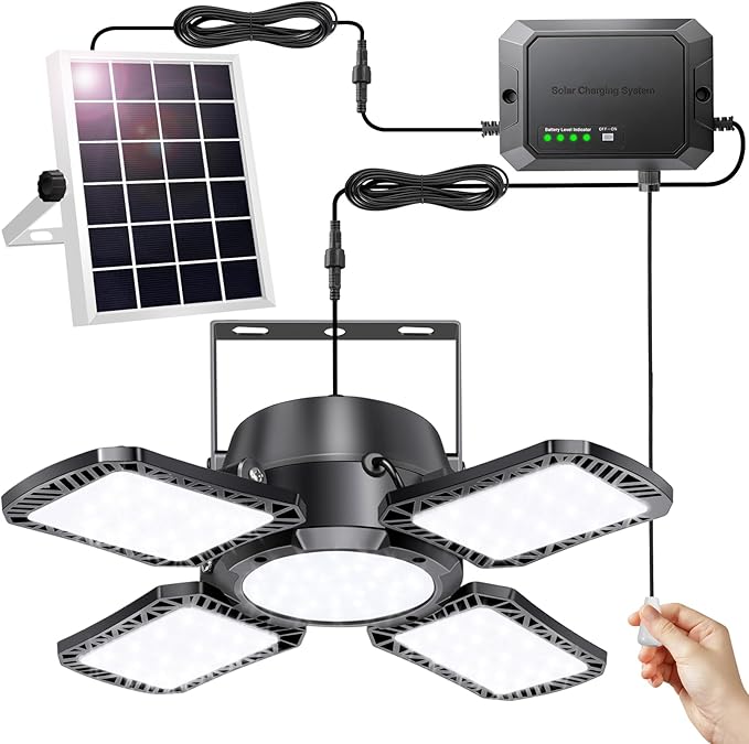 Auzev Solar Shed Light Indoor Outdoor, 172 LED Pendant Light with Pull Switch, Available Day & Night, 2000LM, 2 Dimmable, IP65 Waterproof Gazebo Light for Chicken Coop, Barn, Porch, Garage, Shop