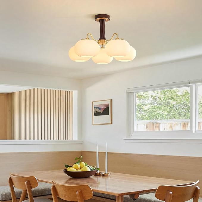 Vintage Flush Mount Ceiling Light 28" Large Semi Flush Mount Ceiling Light with 5-Light,Gold & Wood Design,Glass Lampshade,Ideal for Kitchen Bedroom Farmhouse