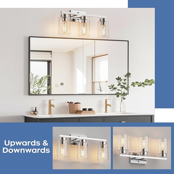 PARTPHONER 3-Light Bathroom Light Fixtures, Brushed Nickel Vanity Light with Clear Glass Shade, Modern Wall Sconce for Mirror Bedroom Living Room Hallway Lighting