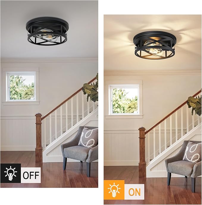 2-Light Flush Mount Ceiling Light Fixture, Farmhouse Ceiling Lights for Kitchen, Modern Black Close to Ceiling Light for Hallway Bedroom Balcony Porch Stairway, E26, (2 Pack)