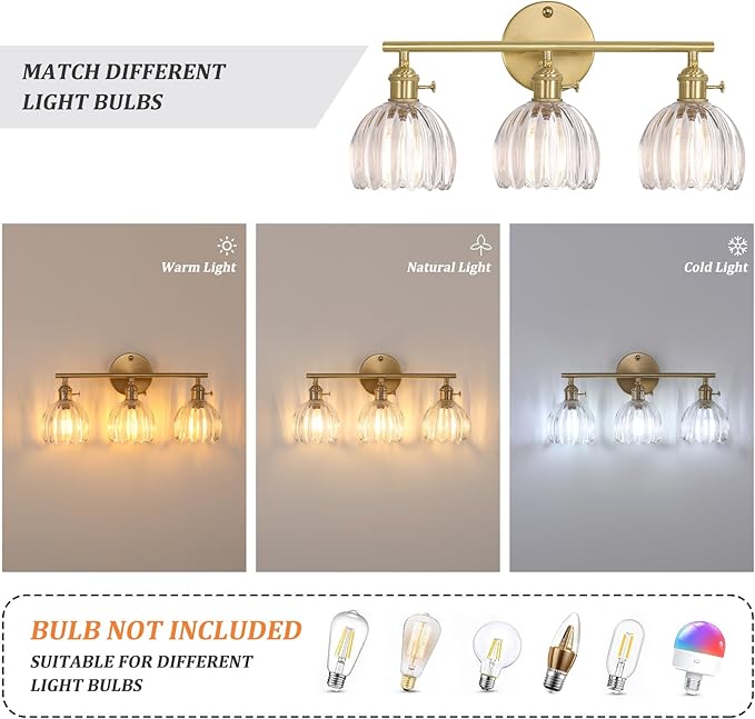 Shenmoyl Bathroom Light Fixtures, 3-Light Brass Vanity wall Light Over Mirror with Clear Tulip Glass Shade for Bedroom Living Room (Bulb Not Included)