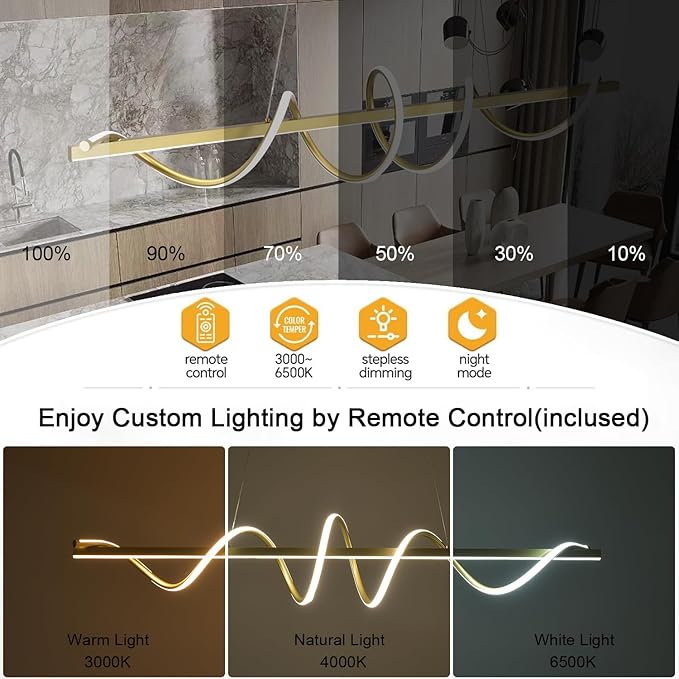 Gold Modern Chandelier for Dining Room,Creative Modern Led Pendant Light for Kitchen Island Lighting Dimmable 39.73" Twist Design Modern Led Chandelier 3000K-6500K Adjustable Color Temperature