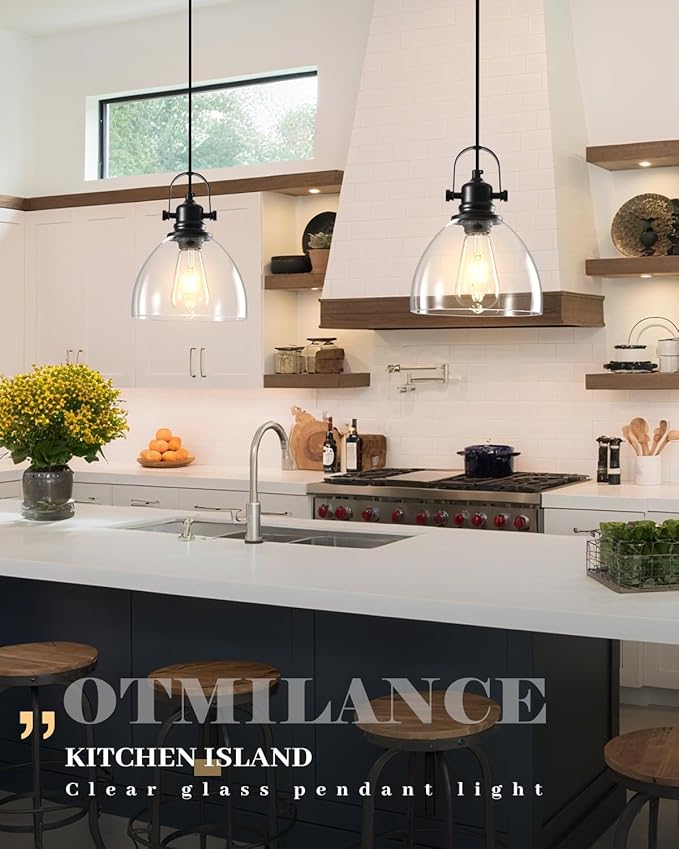 Kitchen Pendant Lights Over Island, 7.5 inch Farmhouse Glass Pendant Light, Industrial Black Pendant Lights Kitchen Island 1-Pack, Hanging Kitchen Pendant Light for Dining Room,Bar, Cafe