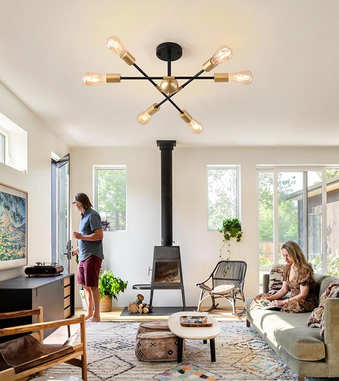 MEIXISUE Modern Semi Flush Mount Ceiling Light Fixture Black and Gold Close to Ceiling Light 6-Light Sputnik Chandelier Light Fixture for Hallway Entryway Bedroom Kitchen Dining Room UL Listed