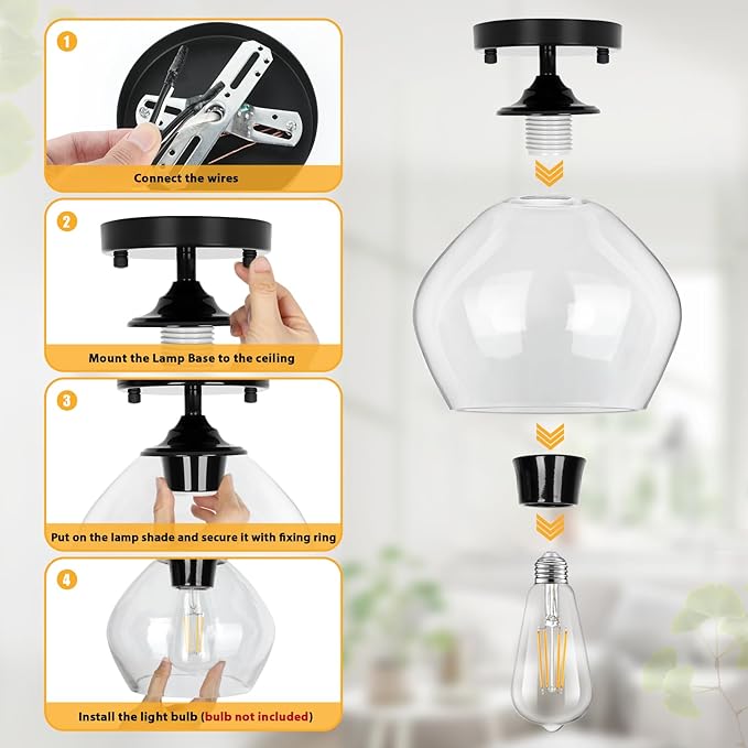 Modern Semi Flush Mount Ceiling Light with Clear Glass Shade, Industrial Close to Ceiling Light, Hanging Ceiling Light Fixture for Hallway, Bedroom, Dining Room, Entryway, Foyer