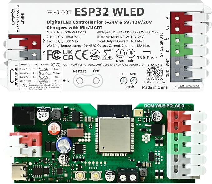 ESP32 WLED Controller with 16A Fuse for 5V-24V LED Strip Dynamic RGB IC DIY Port WiFi App Control Easy Wiring FCOB Addressable Strip Light (DOM-WLE-12P with Mic/UART)