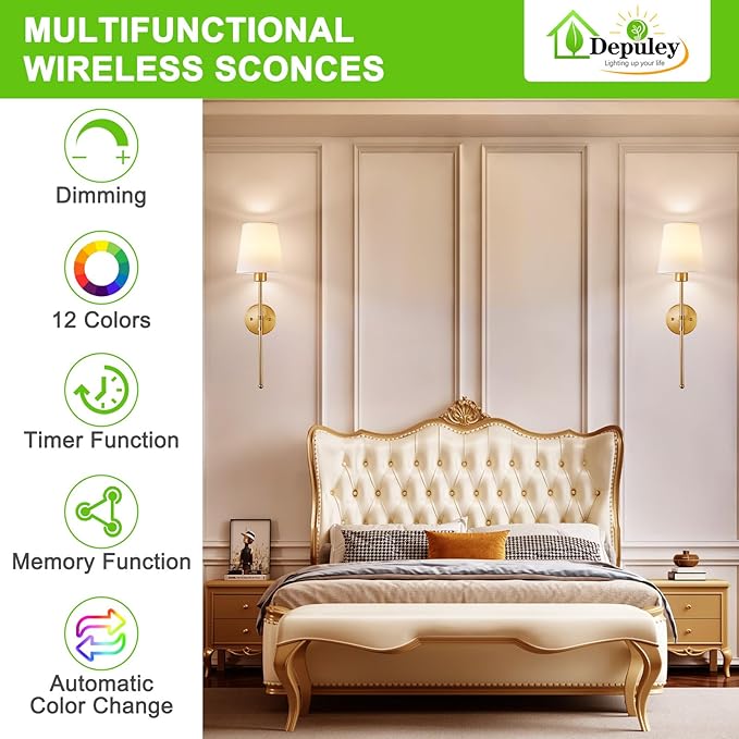 Depuley Battery Operated Wall Sconce: Set of 2 Wireless Wall Lights with Remote for Bedroom - Rechargeable 15 Colors Gold Wall Lamp for Living Room Hallway (Pack of 2)