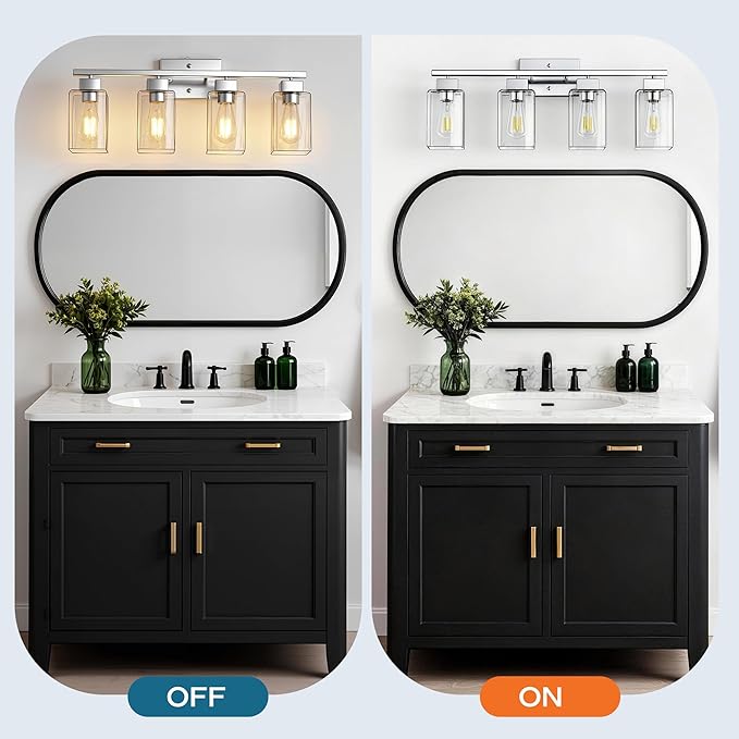 PARTPHONER 4-Light Bathroom Light Fixtures, Brushed Nickel Modern Vanity Lights, Bathroom Lighting Fixtures Over Mirror, Square Design Farmhouse Wall Sconces with Clear Glass Shades