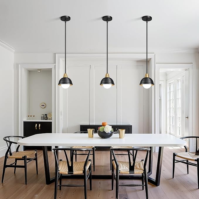 Industrial Kitchen Pendant Light Fixtures: 3 Pack 6 Inch Metal Modern Chandelier - Adjustable Farmhouse Black & Gold Pendant Lighting for Kitchen Island Hallway