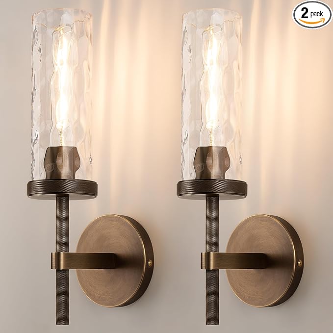 15" Knurled Brass Wall Sconces Set of 2, Bronze Bathroom Vanity Light Fixtures with Water Ripples Glass Tube, Modern Lamp Lighting for Bedroom, Living Room, Hallway, Staircase, Mirror, Kitchen