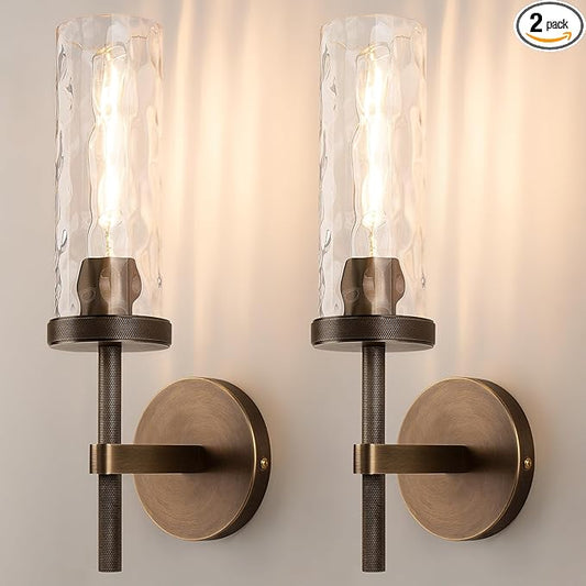 15" Knurled Brass Wall Sconces Set of 2, Bronze Bathroom Vanity Light Fixtures with Water Ripples Glass Tube, Modern Lamp Lighting for Bedroom, Living Room, Hallway, Staircase, Mirror, Kitchen