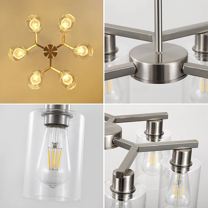 6-Light Farmhouse Brushed Nickel Chandelier,Modern Chandeliers for Dining Room Light Fixture Over Table,Adjustable Hanging Industrial Rustic Pendant Lights for Kitchen Island with Clear Glass Shade