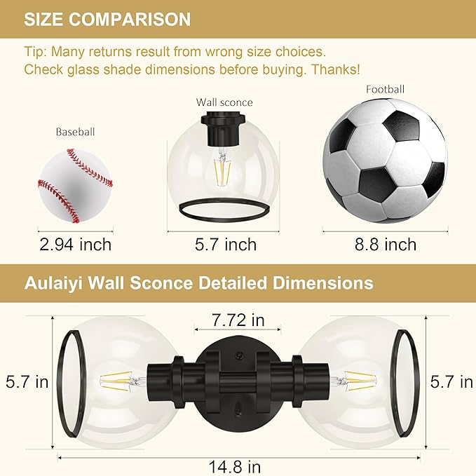 Wall Sconces Set of Two, Black Bathroom Sconces with Clear Glass, Hardwired Modern Wall Light Fixtures for Bathroom,TV Room,Mirror,Living Room,Hallway,Bedroom