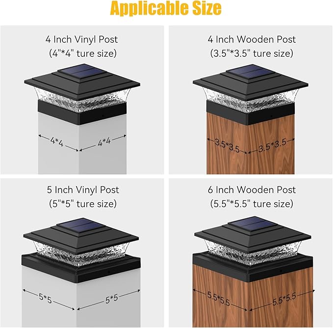 APONUO Solar Post Lights Outdoor, 2 Lighting Modes 16 LEDs Solar Post Cap Lights for 4x4 5x5 6x6 Vinyl Wooden Posts Waterproof Fence Post Lights Solar Powered for Deck/Fence/Porch (Black,12 Pack)