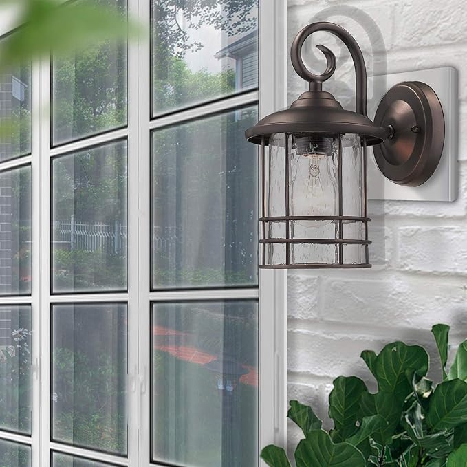 MICSIU 2-Pack 5.5" Wide Compact Oil Rubbed Bronze Outdoor Wall Sconce, 9.8 Inch Farmhouse Exterior Fixture with Clear Seedy Glass, Waterproof Max 23W Porch Lights for Front Door, Entryway, Patio