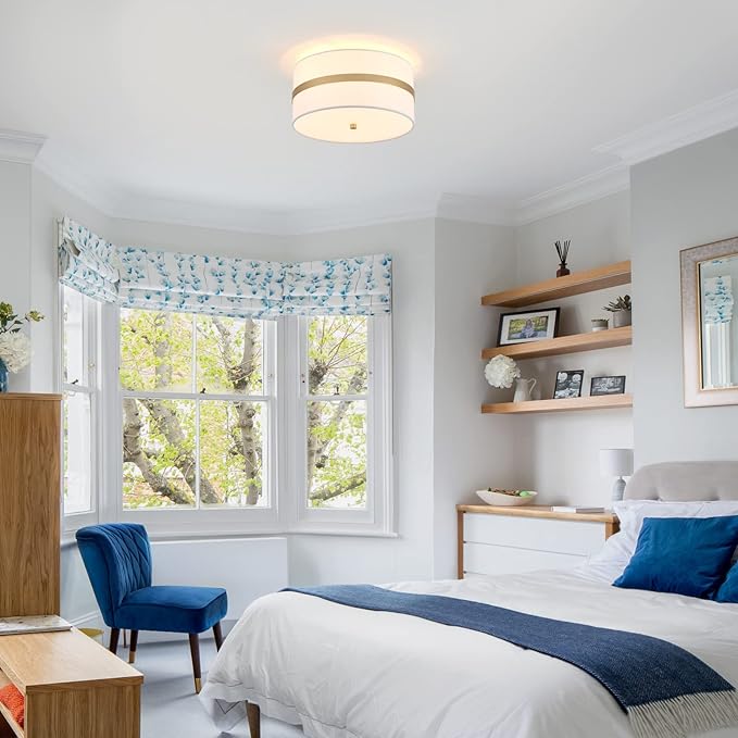 Semi Flush Mount Ceiling Light Fixture, Thin Pale Gold Brush Paint Finish Modern Ceiling Lamp with Cream White Fabric Drum Shade for Nursery Kids Room Bedroom Kitchen Hallway Entryway 3-Light