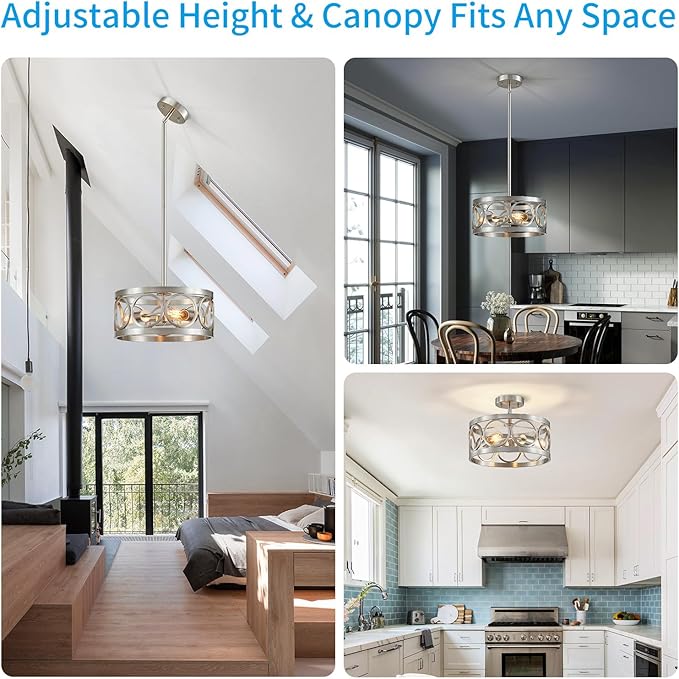 XINGQI 13” Chandelier Brushed Nickel 3-Light Rustic Ceiling Light Modern Adjustable Height Pendant Lighting Fixture Antique Drum Lamp for Living Room Bedroom Entryway Corridors