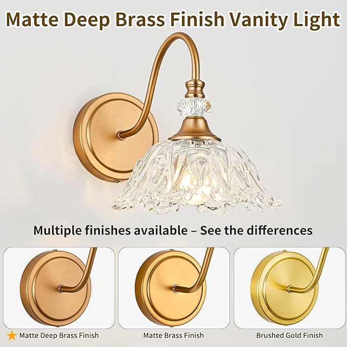 1 Piece Vintage Wall Sconce with Floral Clear Glass Shade, Matte Deep Brass Finish Wall Mount Lighting for Bathroom,Vintage Bathroom Vanity Light Fixture
