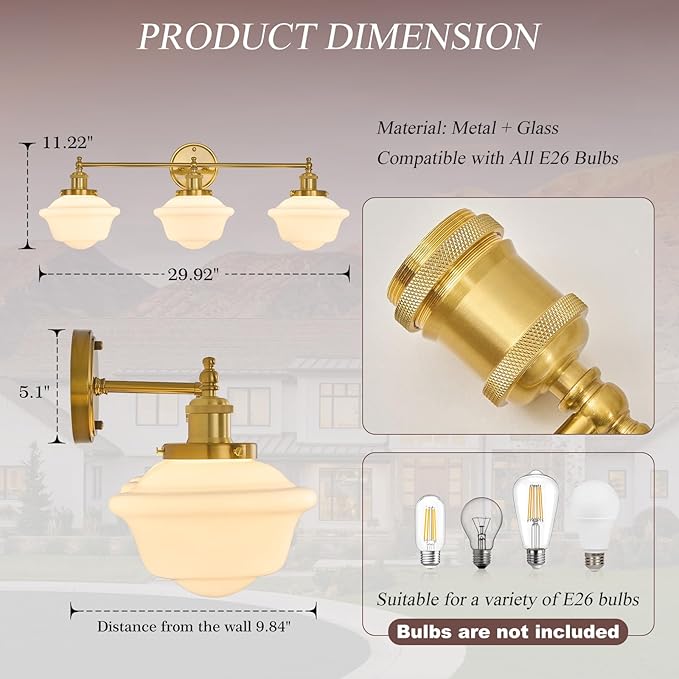 VitaLink 29.5" Bathroom Vanity Light, 3-Light Vintage Golden Bathroom Wall Light Fixtures Hardwired Milk White Glass Wall Sconces for Bedroom Living Room Hallways
