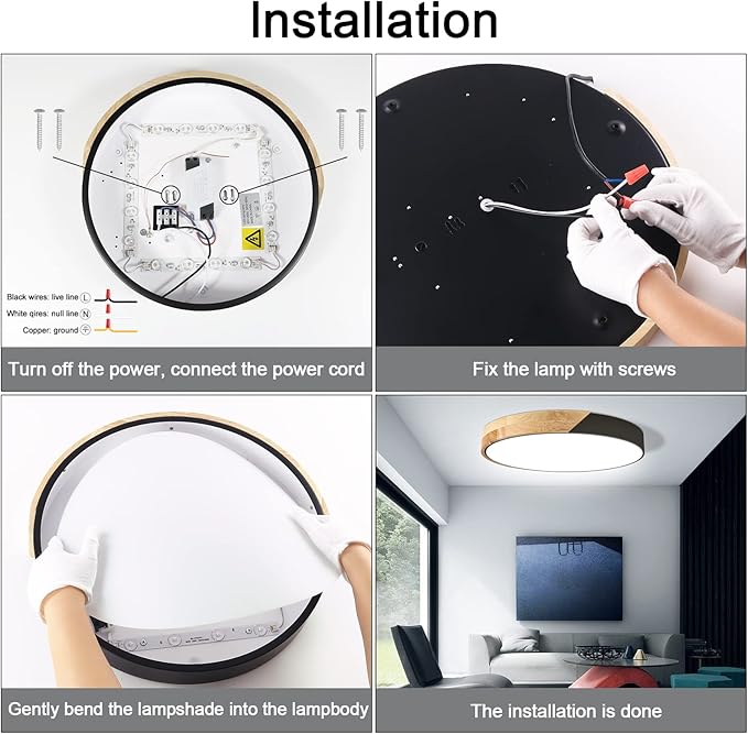 Led Ceiling Light Flush Mount: 15.8 Inch 30W Bedroom Light Fixture with Round Wood Modern Black Flat Overhead Minimalist Ceiling Lamps for Kitchen Hallway Laundry Cold White 6000K, Not Dimmable