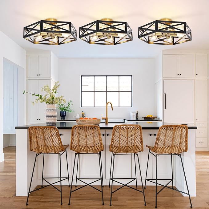 6-Light Semi Flush Mount Ceiling Light, Large Black and Gold Fixtures Ceiling Mount with Hexagon Cage, Metal Industrial Close to Ceiling Light for Hallway, Kitchen, Bedroom (19.68''L)
