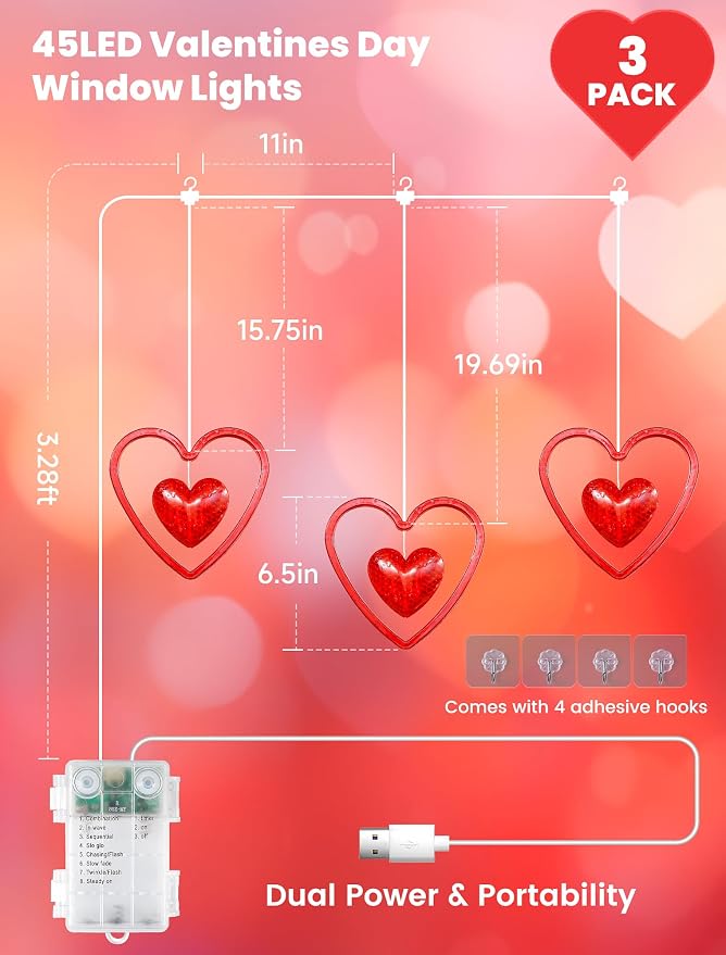 Valentines Day Window Lights,45LED Love Hearts String Lights for Bedroom,Timer Memory Hanging Curtain Light 8 Mode,USB/Battery Operate Valentines Light for Wedding Anniversaries Party(Red)