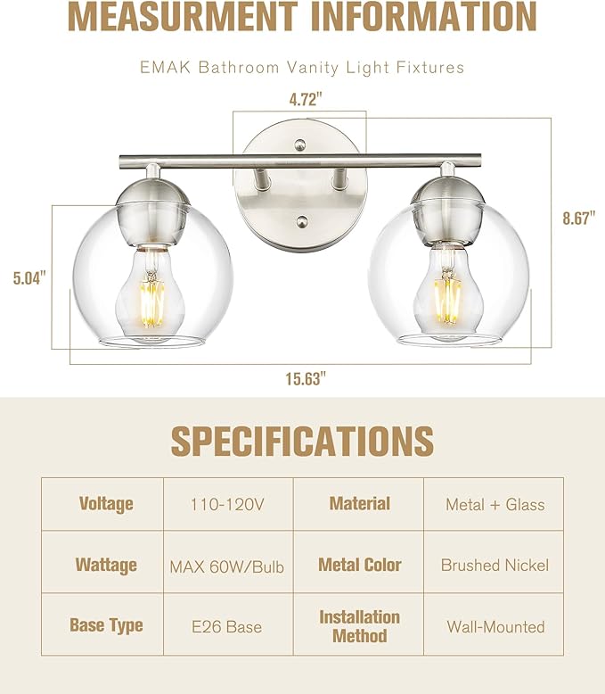 Emak Brushed Nickel Vanity Lights, 2-Light Bathroom Light Fixtures with Clear Glass Shade, Modern Globe Vanity Light for Bathroom, VL114-BN-2