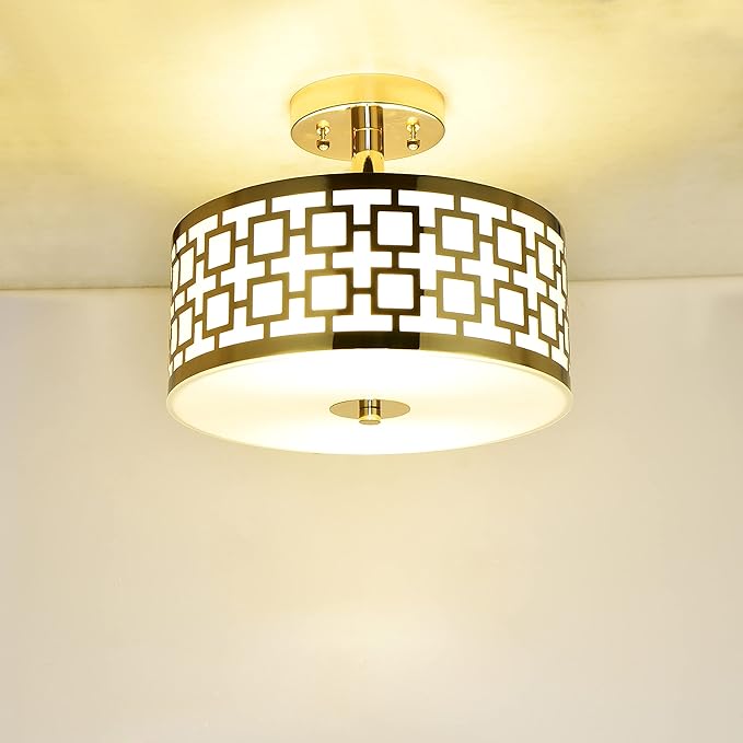 Semi Flush Mount Ceiling LED Light Fixture Hanging with Drum Shade for Dining & Living Room Kitchen Office Shop Entryway & Hallway Modern Chandelier Lamp Brushed Chrome Finish E26 Base