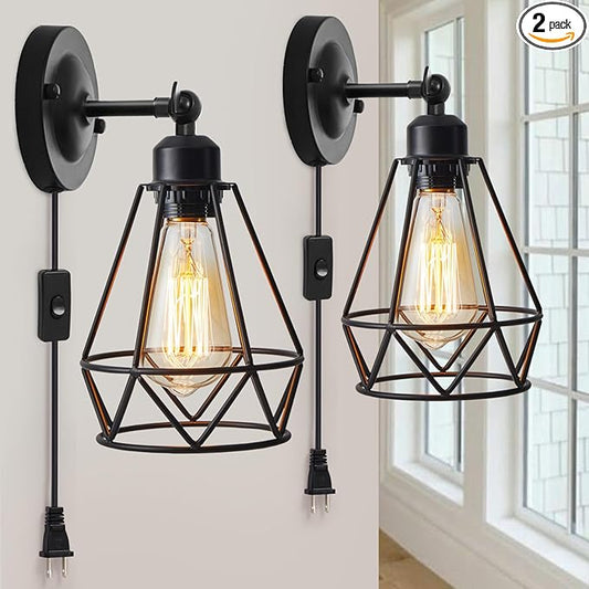 Plug in Wall Sconce, Industrial Sconces Wall Lighting, Vintage Wall Lamp with Plug in Cord, Rustic Black Sconce Fixture, On/Off Switch Sconce Light Fixture for Kitchen Bedroom Porch 2 Pack