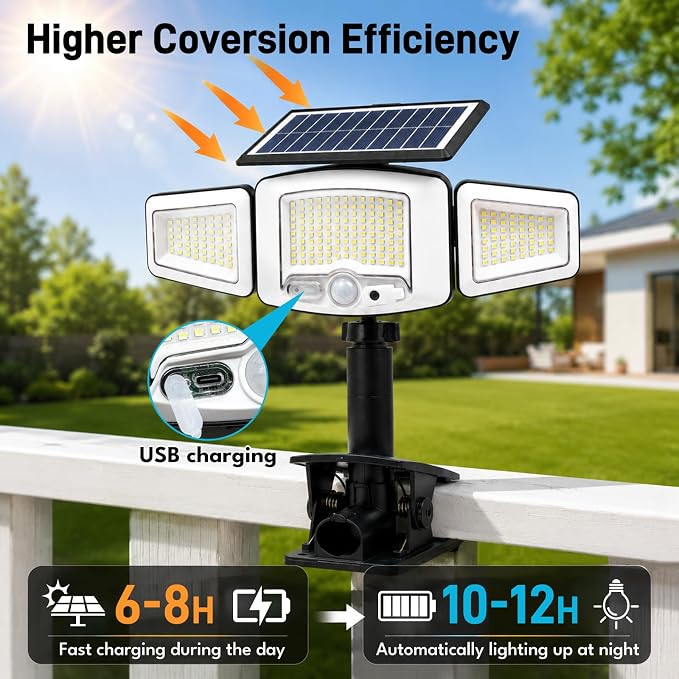Solar Flood Lights Outdoor, 231 LEDs Clip-on Motion Sensor Lights 2000LM , 3 Heads Security Light with 360° Wide Angle,IP65 Waterproof Flood Wall Light with 3 Modes for Backyard,Patio,Garage(1 PACK)