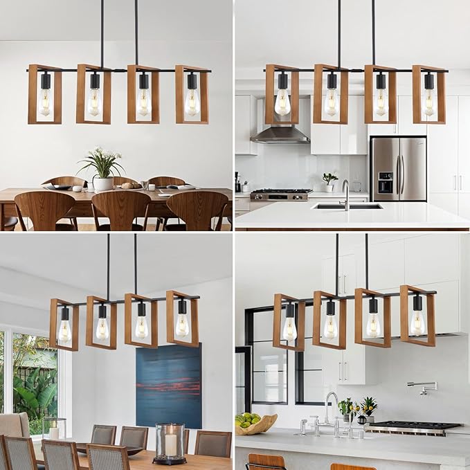 9MMML 4 Lights Island Light for Kitchen,Farmhouse Industrial Rectangle Pendant Light, Black Body+Wood Frame Vintage Chandelier for Dining&Living Room Pool Table Hallway Entryway Foyer,E26