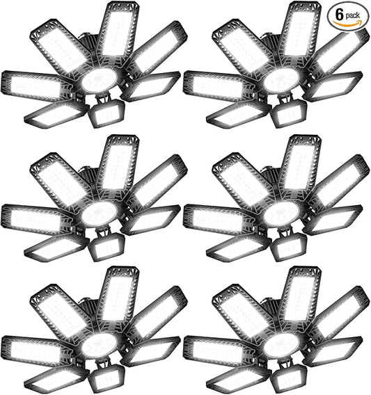 LED Garage Light 6 Pack - 200w 20000LM 6500K Garage Lights Ceiling LED with 7+1 Adjustable Panels, Shop Lights Screw in E26 E27 Bulb Socket for Workshop, Storage Room, Basement, Warehouse