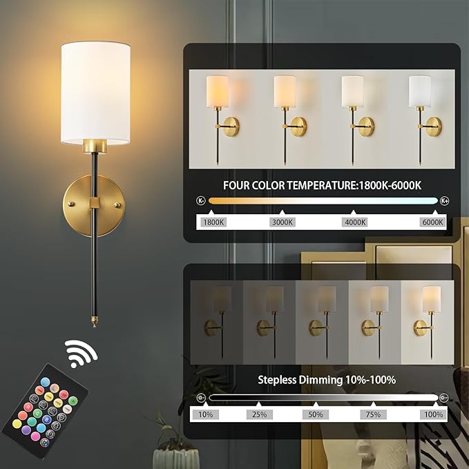 Battery Operated Wall Sconce Set of Two, Wireless Rechargeable Wall Light With Remote Control, Dimmable, 4 Color Temperatures, RGB, Timer, for Living Room,Bedroom,Entryway, Black Gold, 20.6 Inch