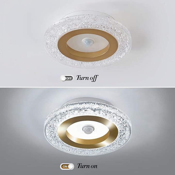 UOFUS 7.84inch Mini Motion Sensor LED Ceiling Light Indoor Wired Gold Flush Mount Light Fixture 6400K Motion Activated Light for Closet Hallway Laundry Stairs Shower Porch Garage Basement