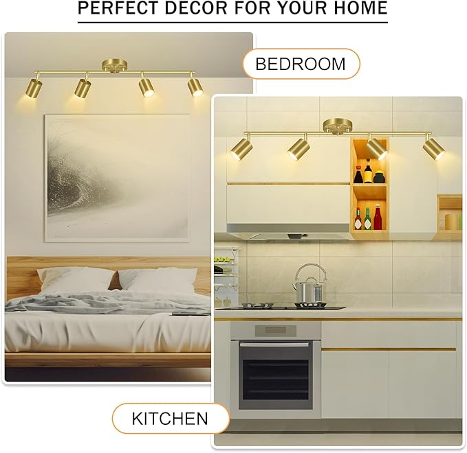 Track Lighting Ceiling Fixture Gold, Modern Kitchen Light Fixtures Ceiling, 4-Light Rotatable LED Track Lights, Semi Flush Wall Spotlight for Living Room/Hallway/Office(GU10 Socket, Bulb Not Included)