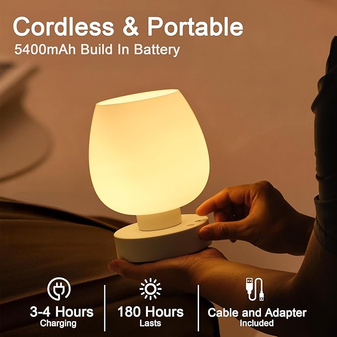 KARTOOSH Cordless Touch Bedside Table Lamp, Rechargeable Battery Operated Desk Lamps with 8 RGB Colors, Dimmable Small Glass Nightstand Light for Living Room Bedroom Kitchen Counter