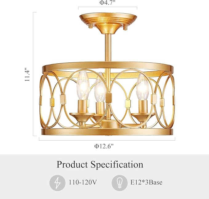LOOYD 3-Light Semi Flush Mount Ceiling Light Fixture, Farmhouse Ceiling Light for Kitchen Bedroom, Living Room, Kitchen, Hallway (Gold)