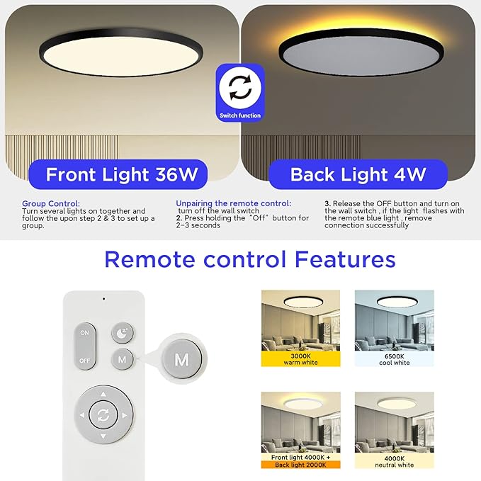 ocioc 18 inch Ceiling Light with Remote, 40W LED Flush Mount Light Fixture with 2000K Backlight, 3000K-6500K Light Color Changing, Black Ceiling Light Fixture for Bedroom,Living Room,Kitchen