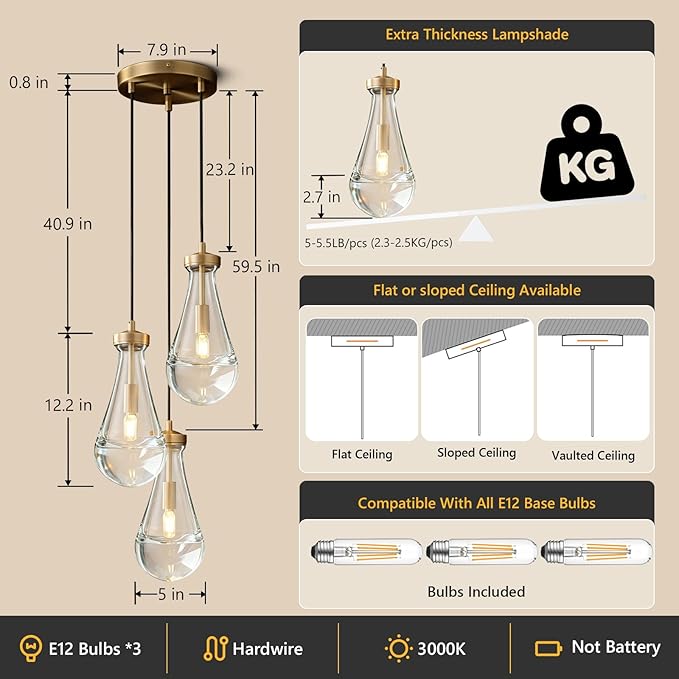 Raindrop Pendant Lights Kitchen Island 3-Light Teardrop Pendant Lights Brass Gold Pendant Light With Adjustable Suspension Cord for Dining Room,Bathroom,Bedroom Porch Corridor,Bulb Included