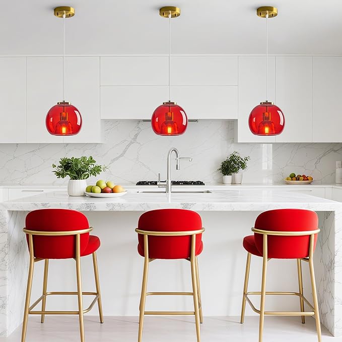 Red Glass Pendant Lights Kitchen Island Gold Hanging Light Fixture Glass Globe Pendant Light Modern Pendant Lighting for Kitchen Island Bedroom Dining Room (7.87", 3 Pack)