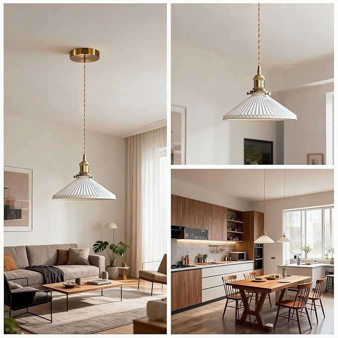 Modern Minimalist Ceramic Pendant Light – Pleated Hanging Lamp for Kitchen Island, Dining Room, Bedroom & Bar