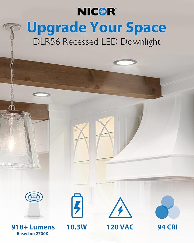 Recessed Ceiling Lights LED Downlight - 5/6 inch LED Recessed Light Fixtures - Selectable CCT 2700K-5000K, 918 Lumens, 10.3W - DLR56 Retrofit Ceiling Light, White Baffle, 1-Pk by NICOR Lighting