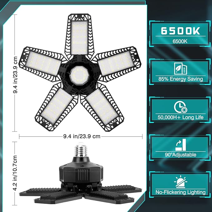 LED Garage Light - 160W 16000LM 6500K LED Garage Ceiling Lights, Screw in Shop Lighting 5+1 Deformable Panels for Attic, Basement, Workshop, E26/E27 (8)