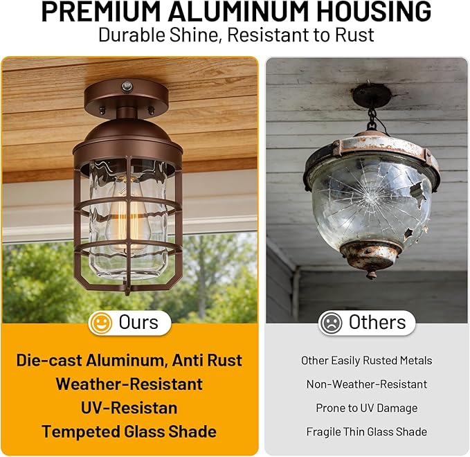 Outdoor Ceiling Lights for Porch with Dusk to Dawn Sensor, Outdoor Semi Flush Mount Ceiling Light Fixture with Water Ripple Glass for Front Porch Entryway Patio, Set of 2