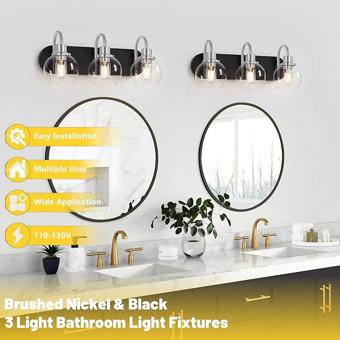 Dpyrrhic Modern 3-Light Vanity Light, Bathroom Lighting Fixture Over Mirror With Clear Glass Shade and Metal Base, Matte Black and Brushed Nickel