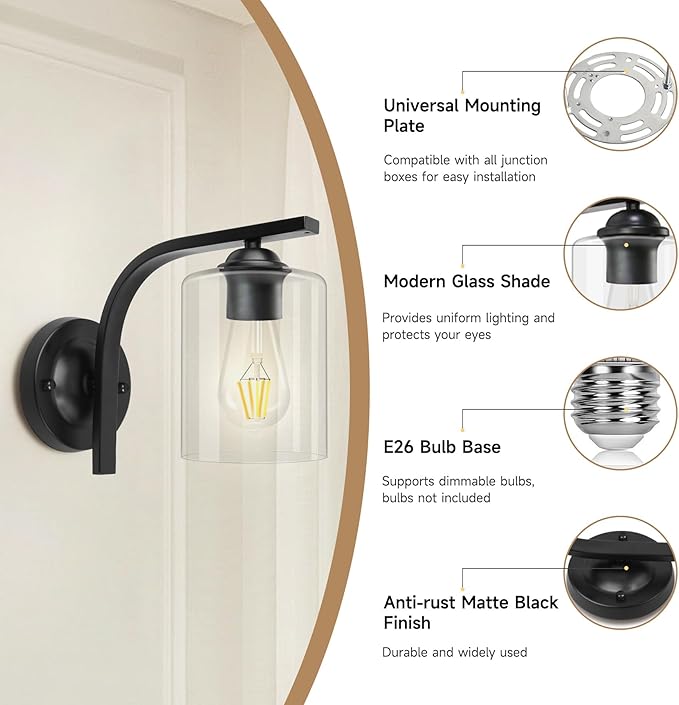 CANMEIJIA Wall Sconce 1 Light, Modern Wall Lighting Fixture, Bathroom Vanity Lights with Matte Black Wall Lamp for Bedroom Kitchen Hallway Porch, Clear Glass Shade, E26 Socket, Bulbs Not Included