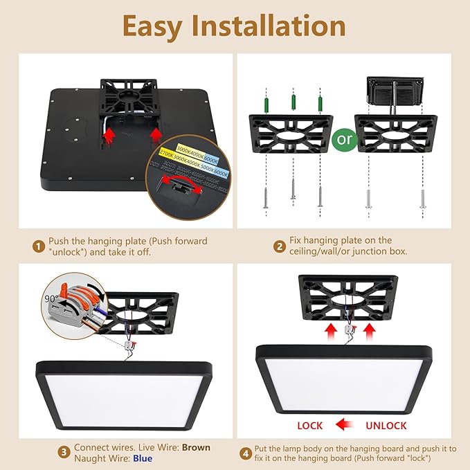 12 Inch Square LED Flush Mount Ceiling Light, 30W, 3000LM Square Light Fixture 3000K/4000K/6000K CCT Selectable, LED Flat Panel Ceiling Light Fixture for Bedroom,Kitchen,Living Room (2PK-Black)