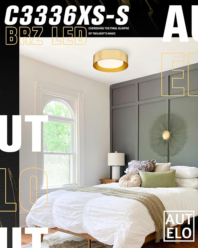 AUTELO 5CCT LED Ceiling Light, 12" Gold Flush Mount Ceiling Light with Frosted Glass in Gold Metal Finish for Bedroom, C3336-29 BRZ LED