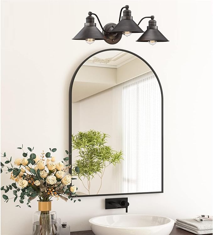 Kira Home Welton 25.5" 3-Light Modern Farmhouse Vanity Light with Funnel Shades, Industrial Dark Bronze Wall Sconce Bathroom Light, Brushed Dark Bronze Finish